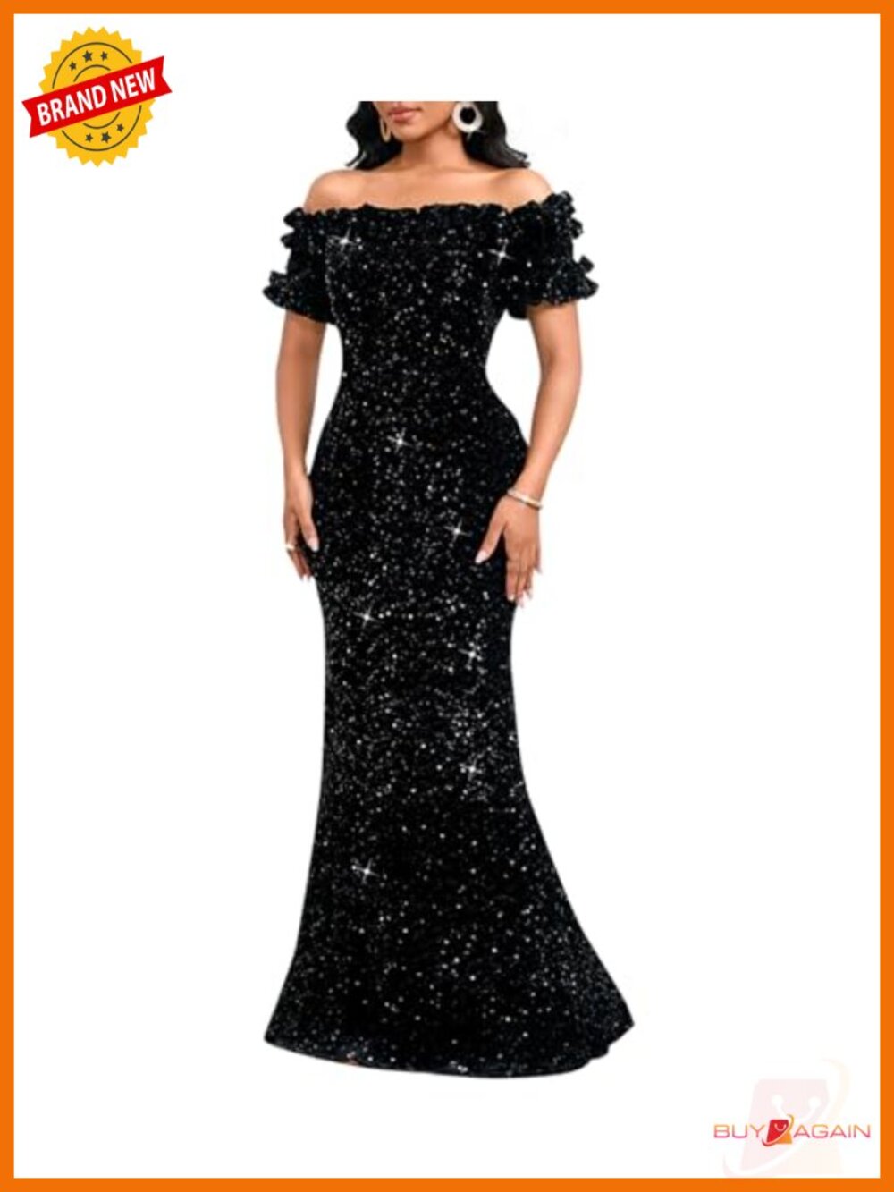 Sequin Off Shoulder Ruffle Sleeve Bodycon Mermaid Maxi Formal Evening Dress
